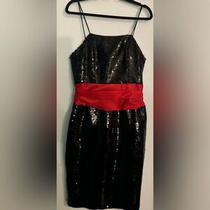 Datiani 80s 90s Vintage Black Sequin Spaghetti Strap Column Midi Red Bow Sz 12‎